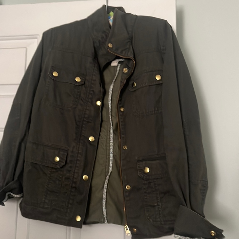 Army green with gold button jacket from jcrew. Still in stores
